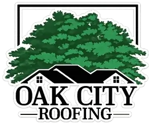 Logo of oak city roofing with a tree, roofs and text that says 'Oak City Roofing'