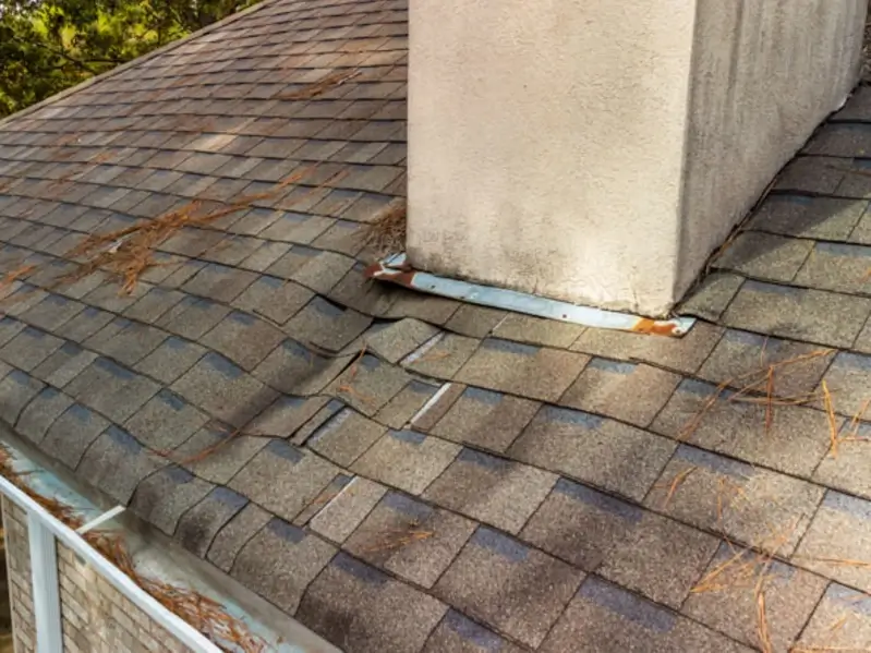 image of a shingle roof with water damage on it and warped shingles